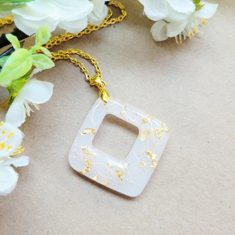 Pendant Necklace Gold and Pastel Pink Floral Milk Bath Handmade Geometric Resin